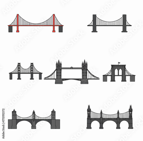 Collection of stylized famous bridges including Golden Gate, Tower Bridge, and Brooklyn Bridge, representing iconic architectural landmarks and global travel destinations.