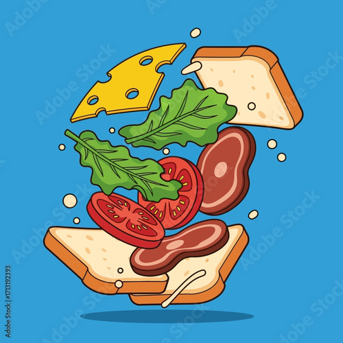 A delicious sandwich with flying ingredients including bread, cheese, lettuce, tomato, and meat against a blue background.