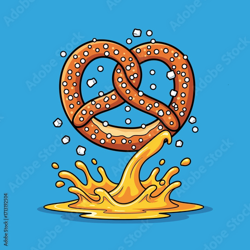 A cartoon illustration of a salted pretzel splashing into a pool of golden cheese sauce against a blue background.