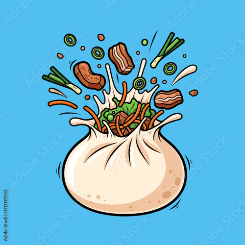 Cartoon illustration of a bao bun exploding with delicious filling.