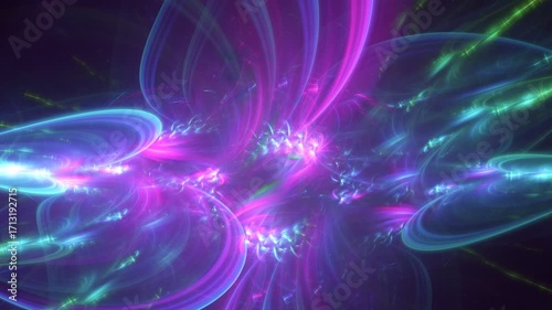 Neon colored curve transparent fluids revolving around luminous particles, flashing, glowing, spreading on dark. Fluorescent abstract background metamorphoses, hypnotic rotation. 4K UHD 4096x2304