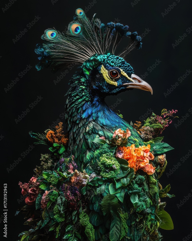 Obraz premium Vibrant peacock adorned in lush greenery and colorful flowers, showcasing nature's beauty against a dark backdrop.