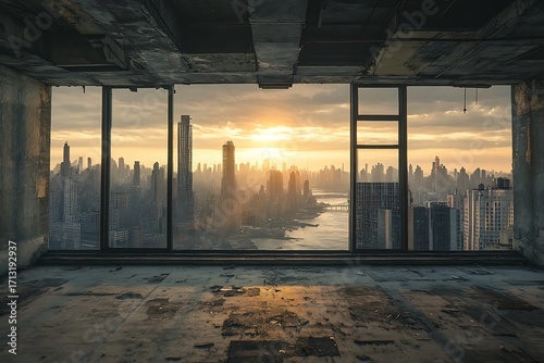 A sunset view from an unfinished building overlooking a city skyline.