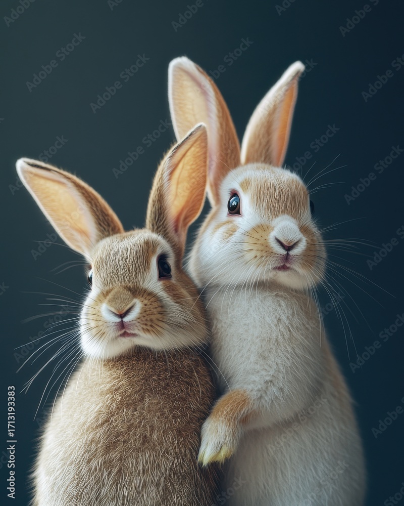 Obraz premium Two adorable rabbits snuggle close, showcasing their soft fur and charming features against a dark background.