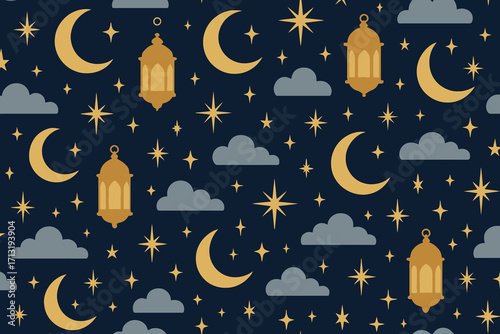 Seamless islamic pattern with crescent moons lanterns clouds and stars on dark blue background