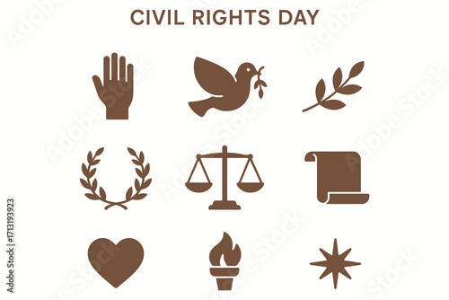 Collection of civil rights day icons representing justice peace equality and freedom