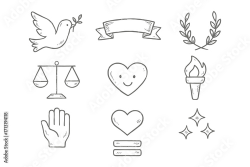 Collection of hand drawn icons representing peace love justice freedom and hope