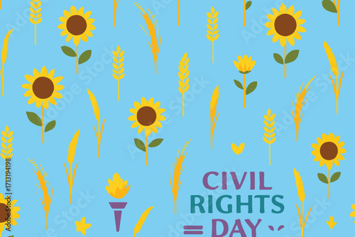 Vibrant civil rights day illustration with sunflowers and symbolic torch on a bright blue background