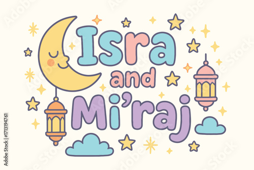 Cute illustration of isra and mi raj with a smiling moon and lanterns