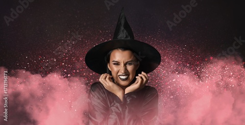 Scary evil witch on black b...