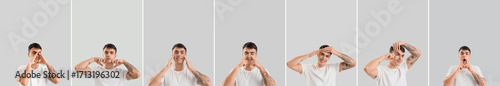 Set of young man doing face...