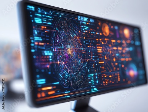Futuristic digital interface on a monitor screen, displaying intricate data visualizations and analytics.