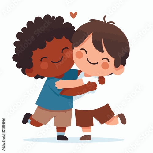 Two small children hugging with a simple and minimalist flat design using a white background