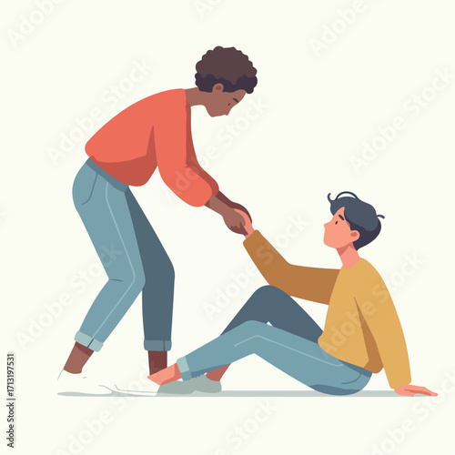 helping someone who has fallen with a simple and minimalist flat design using a white background