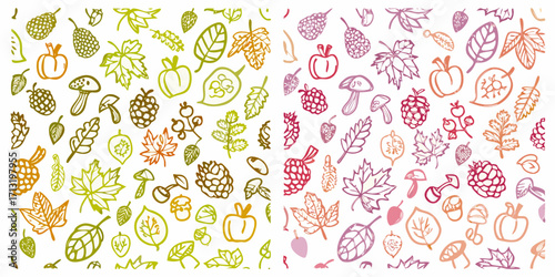 Hand drawn autumn harvest elements seamless pattern with leaves fruits and mushrooms