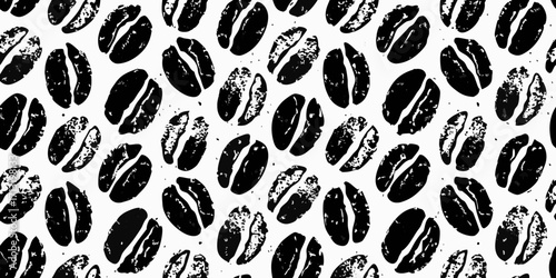 Seamless pattern of black coffee beans with textured grunge effect on white background