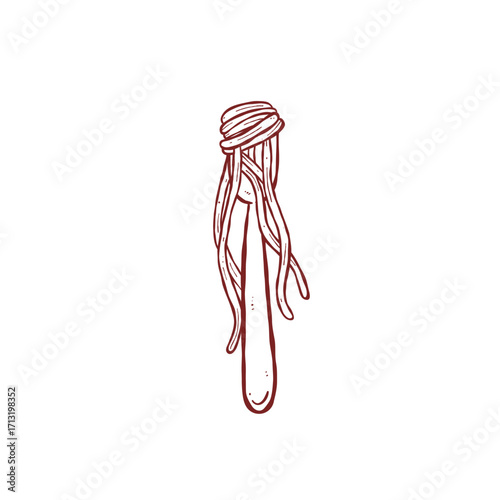 Twisted Spaghetti noodle on Fork, Hand Drawn Pasta noodle Illustration