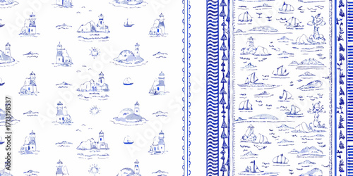 Charming blue and white watercolor seamless pattern with lighthouses islands and sailing boats