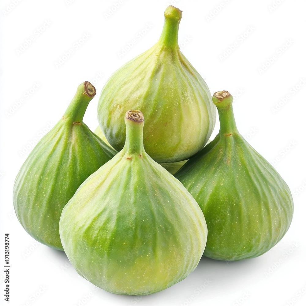 Obraz premium Four ripe green figs stacked together, showcasing their smooth skin and distinct shape against a white background.