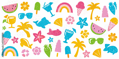 Vibrant summer vacation icons collection featuring watermelon ice cream palm trees and sunglasses