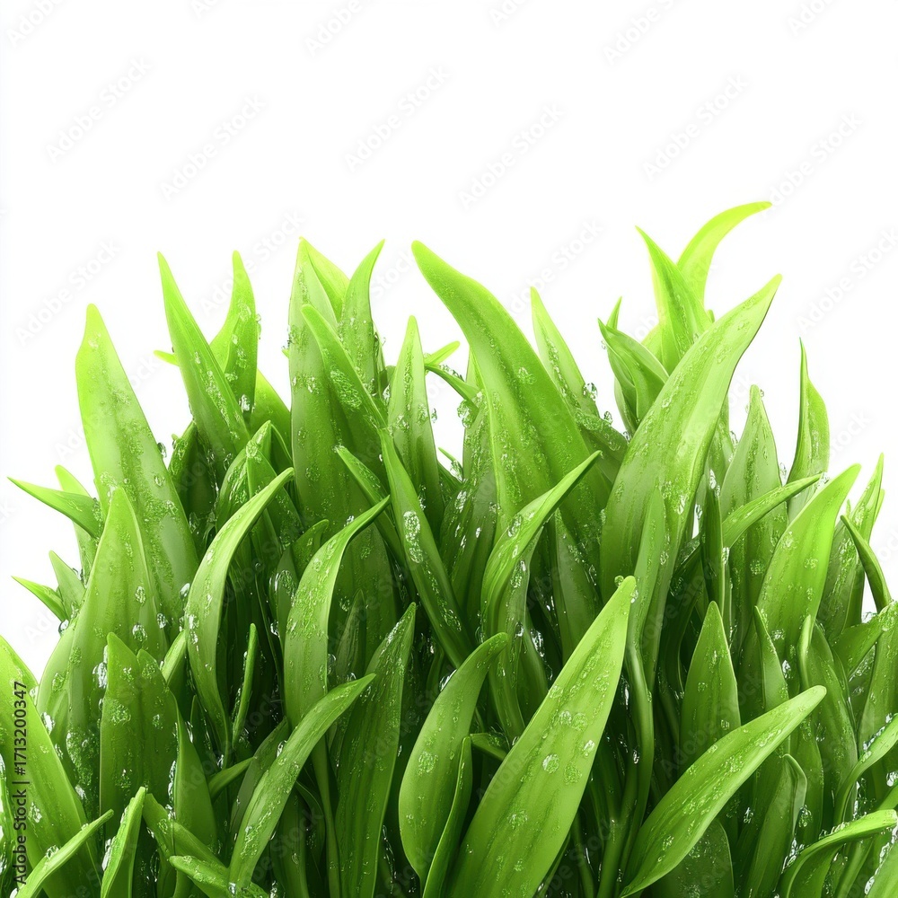 Fototapeta premium Vibrant, fresh green grass blades with dew droplets glistening in the light.