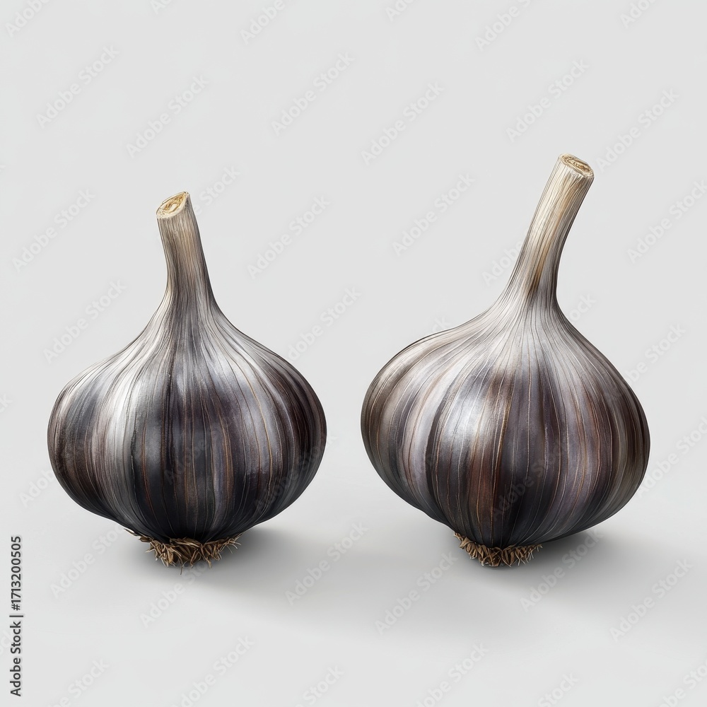Obraz premium Two artistic black garlic bulbs on a light gray background, showcasing their unique shape and texture.