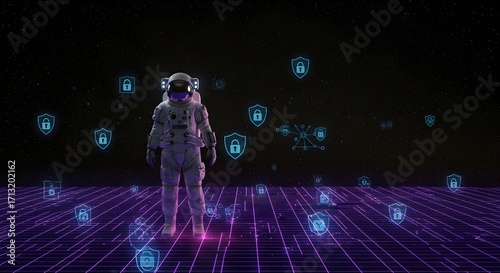 A high-tech astronaut manipulates a holographic lock interface, symbolizing cybersecurity and digital protection in a futuristic space setting, blending exploration with advanced technology.