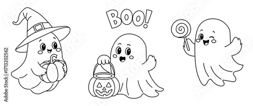 Three cute ghosts celebrate Halloween by scaring each other. Set of charming cartoon illustrations of ghosts for Halloween. Perfect for children's drawings, coloring pages, or holiday decorations. EPS