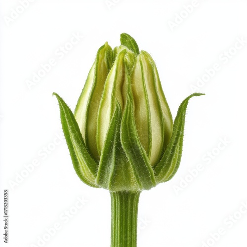 Close-up of a budding green flower, showcasing its delicate leaves against a clean white background.