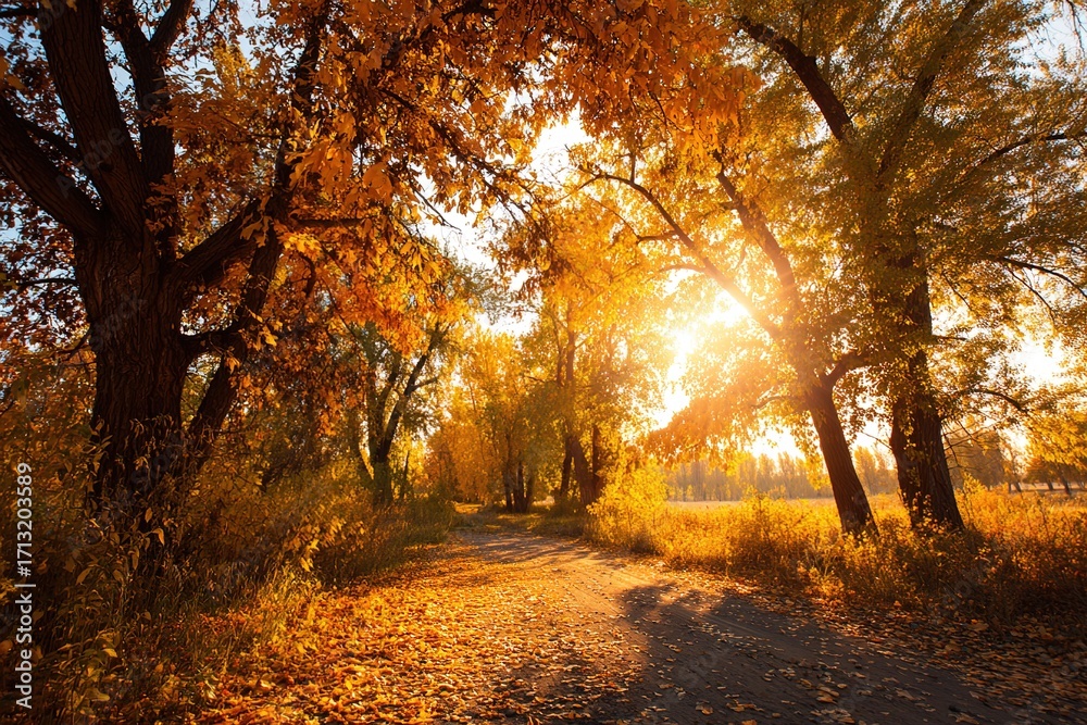 Fototapeta premium Autumn Landscape. Fall Scene.Trees and Leaves in Sunlight Rays. High quality