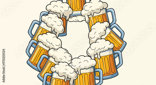 A cheerful cartoon illustration showcases multiple golden beer mugs overflowing with frothy foam