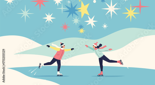 A cheerful flat illustration of two people ice skating outdoors under a festive sky with colorful stars
