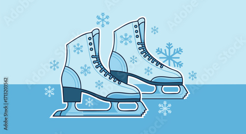 A cheerful vector illustration shows a pair of ice skates on a cool blue background
