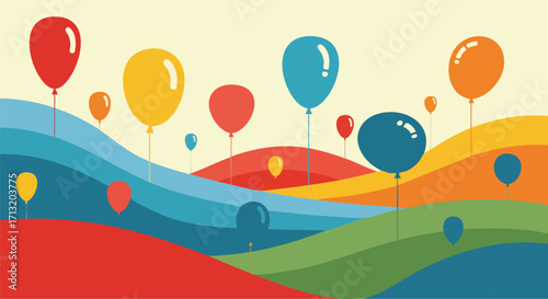 A colorful vector illustration depicting celebratory balloons floating above a wavy, abstract landscape