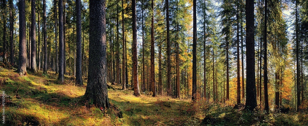 Fototapeta premium Sunny Forest of Spruce Trees in Autumn, Panorama. High quality