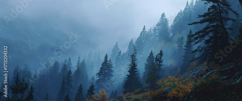 mountain forest in a blue mist, wet autumn outdoor scene. High quality