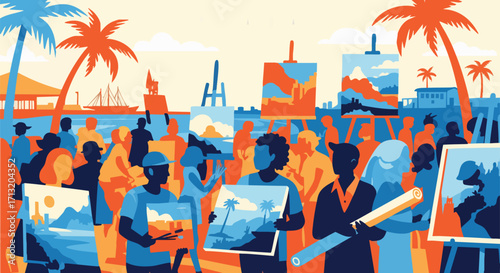 A vibrant outdoor art market by the sea, filled with diverse people, artists, and colorful paintings on easels