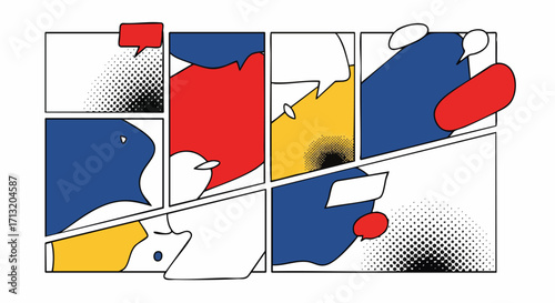 Abstract comic strip illustration. This artwork features colorful shapes, speech bubbles, and halftone elements