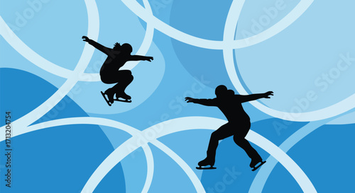 Abstract illustration of ice skaters performing. Silhouette figures against a blue and white background. Winter sport concept