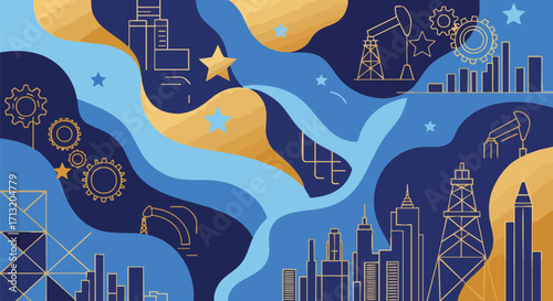 Abstract industry graphic. Line art icons of oil derricks, gears, skyscrapers, and graphs on blue and gold background