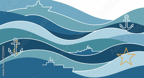 Abstract vector illustration of stylized blue and teal ocean waves. Ships, anchors, and a star create a clean nautical background