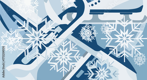 Abstract vector illustration with winter sports equipment: ice skates, skis, and snowflakes. Cool blue and white tones create a frosty, festive mood