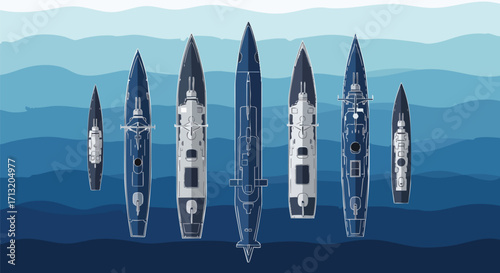 Aerial view illustration of a naval fleet at sea