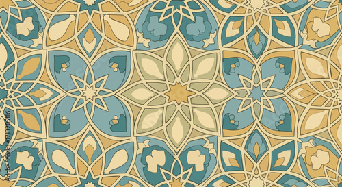An intricate seamless pattern of classic Islamic geometric motifs in soothing teal, gold, and cream colors