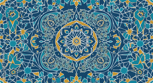 An intricate, symmetrical pattern of geometric shapes and starbursts in shades of blue, teal, and gold