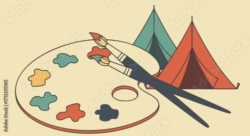 Artist's palette with paintbrushes and camping tents. A whimsical illustration perfect for travel blogs, art websites, or outdoor gear brands
