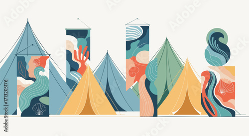 Artistic illustration of camping tents with marine themed banners and flags in a flat design style