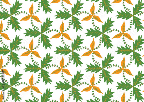A seamless floral and leaf pattern featuring green and orange leaves on a white background. Ideal for fabric, wallpaper, and packaging design.