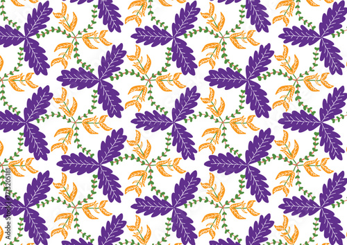 A seamless floral and leaf pattern featuring colorful leaves on a white background. Ideal for fabric, wallpaper, and packaging design.