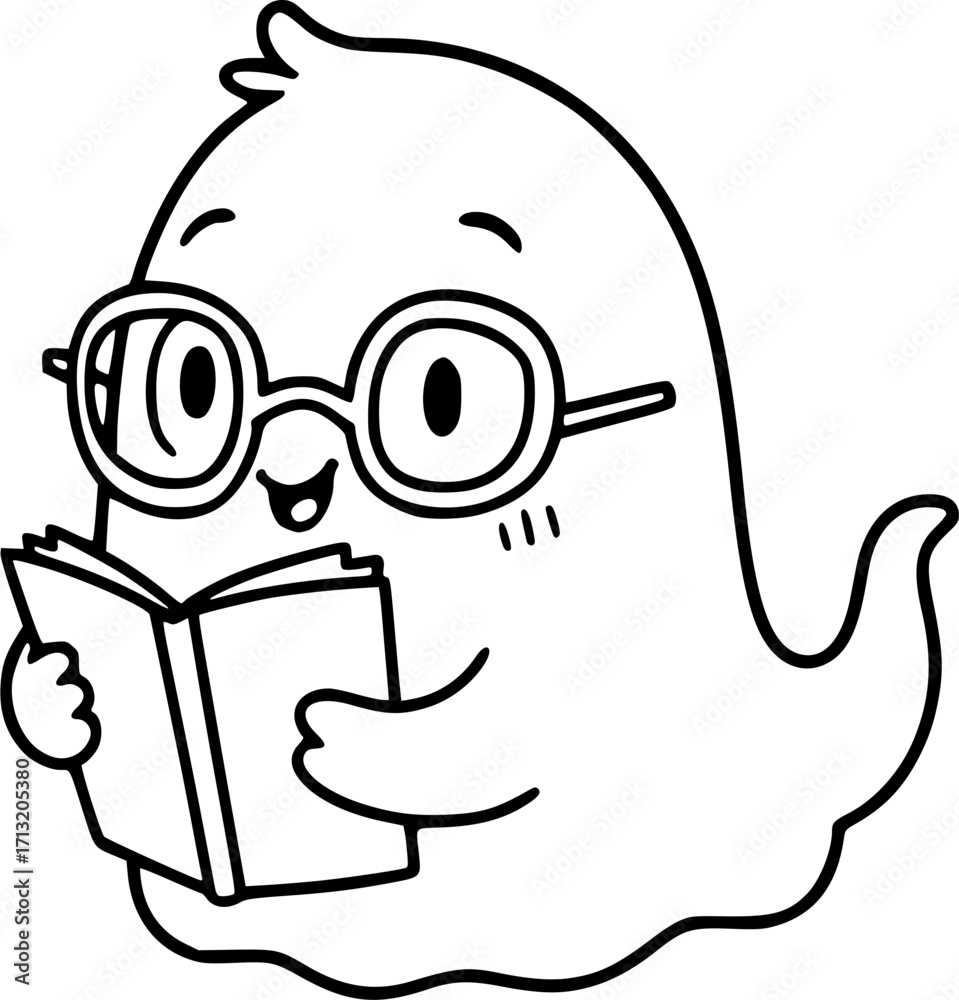 Obraz premium Cute cartoon ghost reading book with glasses for coloring
